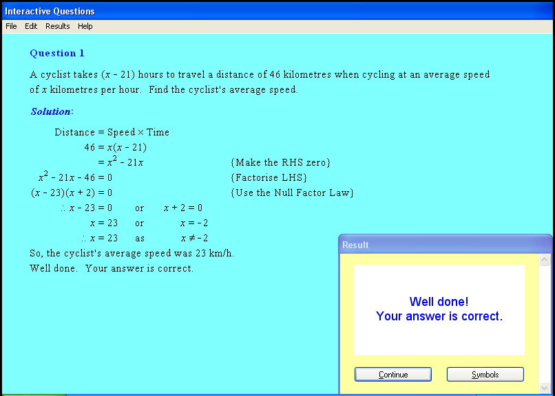 A quadratic equations chapter screen shot.