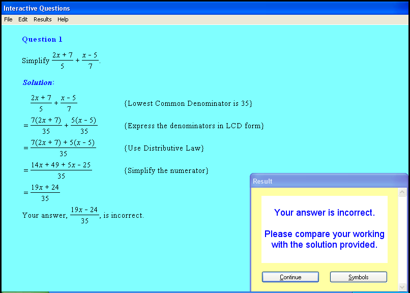 A rational expressions chapter screen shot.