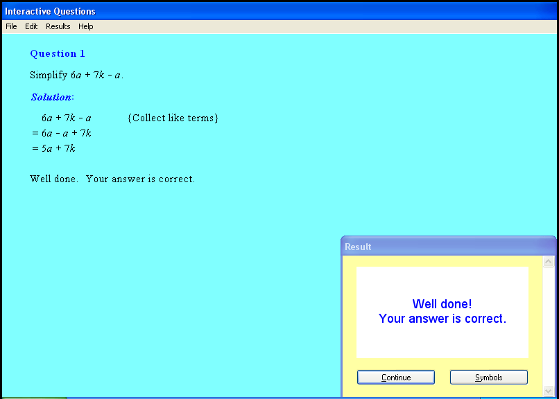 An algebra chapter screen shot.
