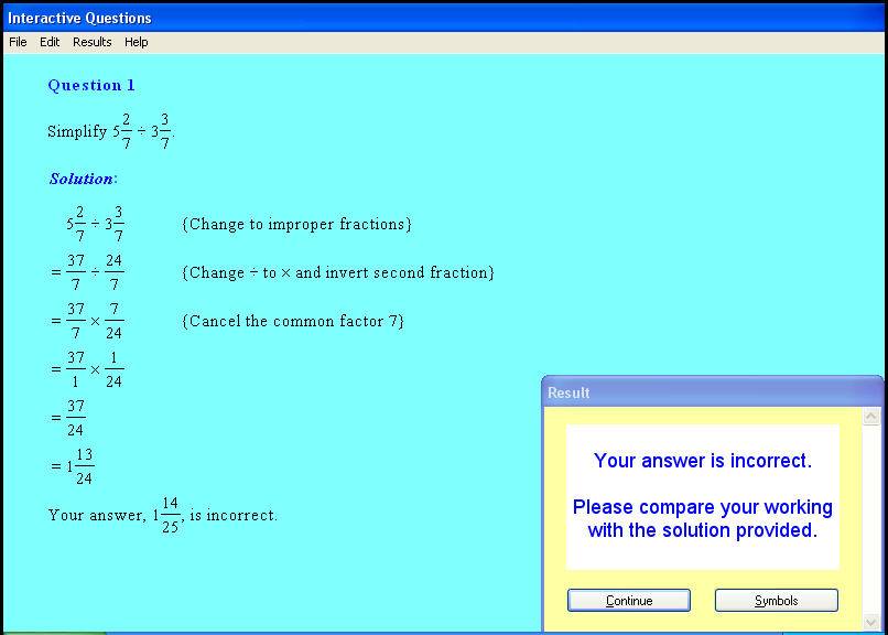 A fractions and decimals chapter screen shot.