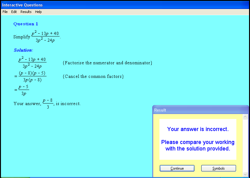 A rational expressions chapter screen shot.