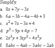 Simplify six different algebraic expressions.