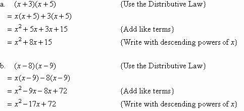 Use the Distributive Law to expand the binomial product, then collect like terms and write the solution with descending powers of x.