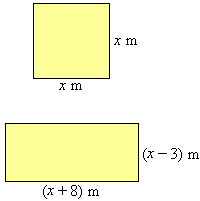 a square of side-length x m and a rectangle of length (x + 8) m and width (x - 3) m