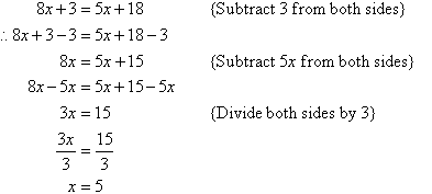 Subtract 3 from both sides, then subtract 5x from both sides and finally divide both sides by 3 to find x = 5.