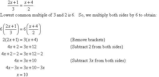 Multiply both sides by 6 which is the Lowest Common Multiple of 3 and 2.  Then use the Distributive Law to remove the brackets, subtract 2 from both sides and finally subtract 3x from both sides.