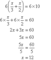 Collecting like terms and then dividing both sides by 5 gives x = 12.