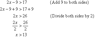 Add 9 to both sides and then divide both sides by 2 to find x > 13.