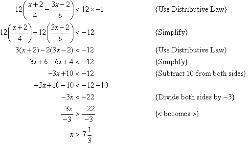 Use the Distributive Law and simplify. Then subtract 10 from both sides, divide both sides by -3 and change < into > to find x > 7 1/3.