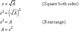 Square both sides and then rearrange to find A = s squared.