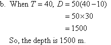 When T = 40, D = 1500.  So, the depth is 1500 m.