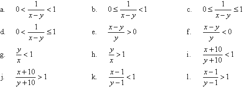 (a)  0 < 1 / (x - y) < 1     (b) 0 <= 1 / (x - y) < 1     (c) 0 <= 1 / (x - y) <= 1     (d) 0 < 1 / (x - y) <= 1     (e) (x - y) / y > 0     (f) (x - y) / y < 0     (g) y / x < 1     (h) y / x > 1     (i)  (x + 10) / (y + 10) < 1     (j)  (x + 10) / (y + 10) > 1     (k)  (x - 1) / (y - 1) < 1     (l)  (x - 1) / (y - 1) > 1