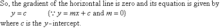 So, the gradient of the horizontal line is zero and its equation is given by y = c where c is the y-intercept.