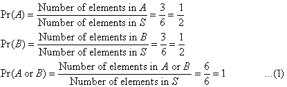 Pr(A) = Number of elements in A / Number of elements in S = 3/6 = 1/2, Pr(B) = Number of elements in B / Number of elements in S = 3/6 = 1/2, Pr(A or B) = Number of elements in A or B / Number of elements in S = 6/6 = 1   ...(1)
