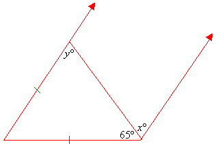 The diagram shows an isosceles triangle bounded by two parallel lines.