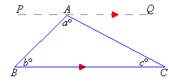 Triangle ABC has angles of size a degrees, b degrees and c degrees with the line PAQ passing through vertex A and parallel to side BC of the triangle.