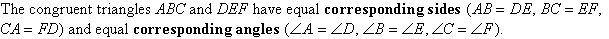 The congruent triangles ABC and DEF have equal corresponding sides (AB = DE, BC = EF, CA = FD) and equal corresponding angles (angle A = angle D, angle B = angle E, angle C = angle F).