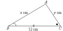 Triangle ABC has one side of length 12 cm and two sides of unknown length in x cm and y cm.