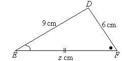 Triangle DEF has one unknown side of length z cm and two known sides of length 9 cm and 6 cm.