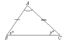 Triangle ABC has two unknown angles of size x degrees and y degrees.