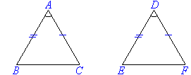Triangle ABC and triangle DEF have two pairs of corresponding sides and a pair of corresponding angles.