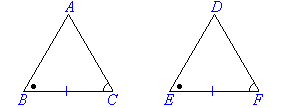 Triangle ABC and triangle DEF have two pairs of corresponding angles and a pair of corresponding sides.