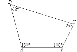Quadrilateral ABCD has four angles of size 2x degrees, 108 degrees, 68 degrees and 130 degrees.