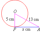 Tangent PA to the circle centred at O forms a triangle OPA.  The length of PA, OP and OA is x cm, 5 cm and 13 cm respectively.
