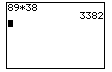 TI-83 Graphing Calculator screen of 89*38=3382