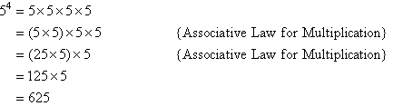 5 to the power 4 is 625 using the associative law for multiplication