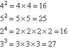 4 squared is 16, 5 squared is 25, 2 to the power of 4 is 16, 3 to the power of 3 is 27