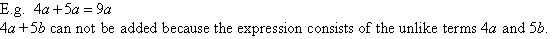 4a + 5a = 9a but 4a + 5b can not be added because the expression consists of the unlike terms 4a and 5b.