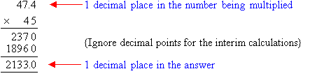 Note that there is 1 decimal place in the number being multiplied and so there is 1 decimal place in the answer.