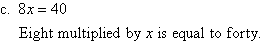 Eight multiplied by x is equal to forty.