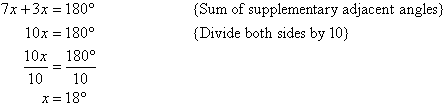 By applying the sum of supplementary adjacent angles, we find that x equals 18º