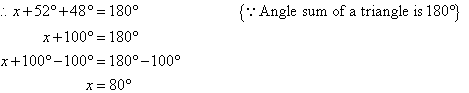 Since the angle sum of a triangle = 180, x = 80