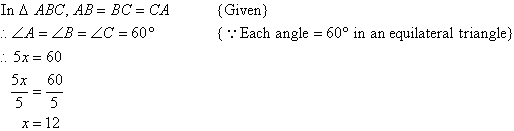 After determining ABC is an equilateral triangle, we find x = 12