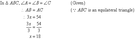 After determining ABC is an equilateral triangle, we find x = 18