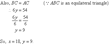 After determining ABC is an equilateral triangle, we find y = 9