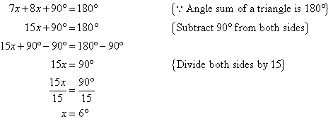 Using the angle sum of a triangle = 180, we find x = 6