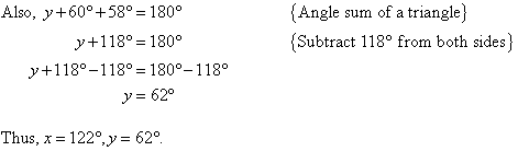 y = 62 as the angle sum of a triangle is 180