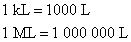 1 kL = 1000 L, 1 ML = 1,000,000 L
