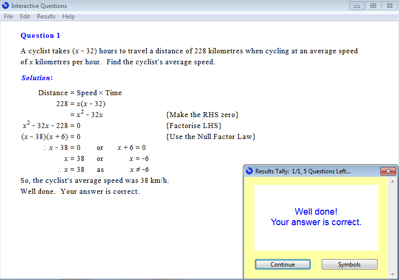 Solution for a question from Year 10 Interactive Maths, Chapter 12: Quadratic Equations, Exercise 15: Problem Solving.