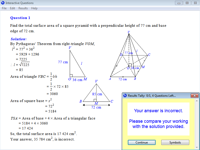 Solution for a question from Year 10 Interactive Maths, Chapter 14: Measurement, Exercise 24: Total Surface Area of a Pyramid.