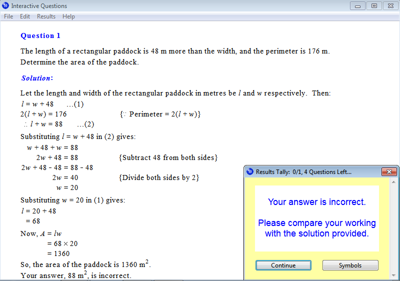 Solution for a question from Year 10 Interactive Maths, Chapter 4: Simultaneous Equations, Exercise 13: Area Problems.