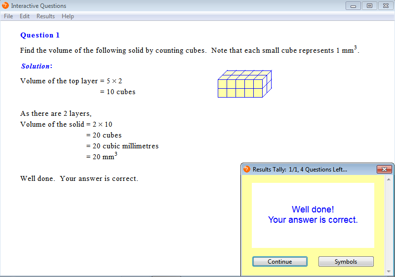 Solution for a question from Year 7 Interactive Maths, Chapter 14: Volume, Exercise 1: Finding Volume by Counting the Number of Cubes.