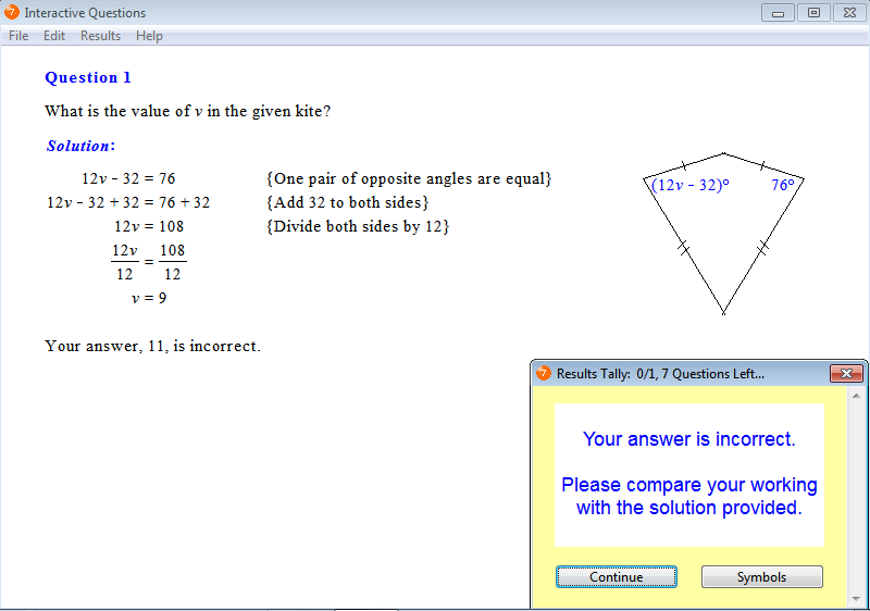 Solution for a question from Year 7 Interactive Maths, Chapter 9: Polygons, Exercise 12: Kites and Rhombuses.
