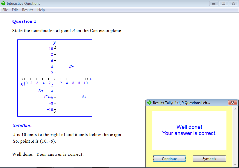 Solution for a question from Year 8 Interactive Maths, Chapter 15: Linear Graphs, Exercise 1: The Cartesian Plane.