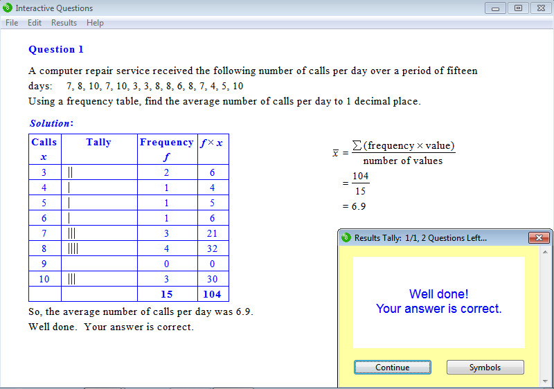 Solution for a question from Year 8 Interactive Maths, Chapter 17: Statistics, Exercise 4: Frequency Tables and the Mean.