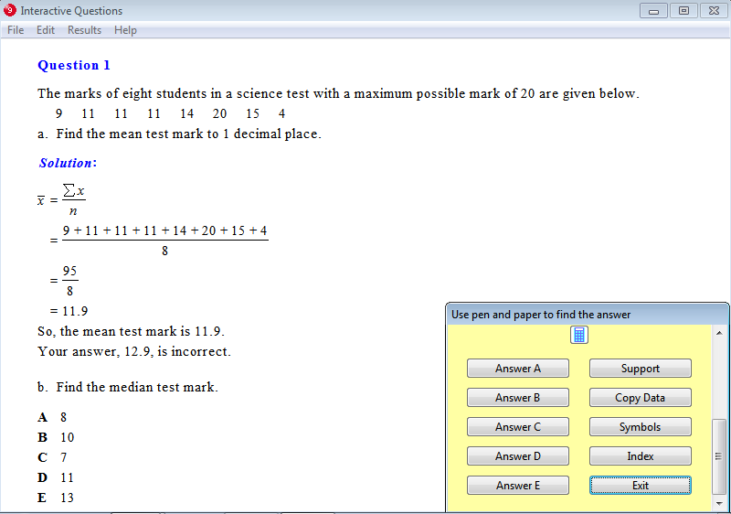 Solution for a question from Year 9 Interactive Maths, Chapter 17: Statistics, Exercise 1: Mean, Median and Mode.